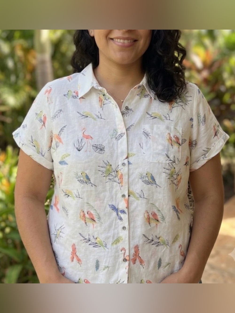 CJ Banks White Button-Up Shirt with Multicolor Tropical Bird Print size 3X